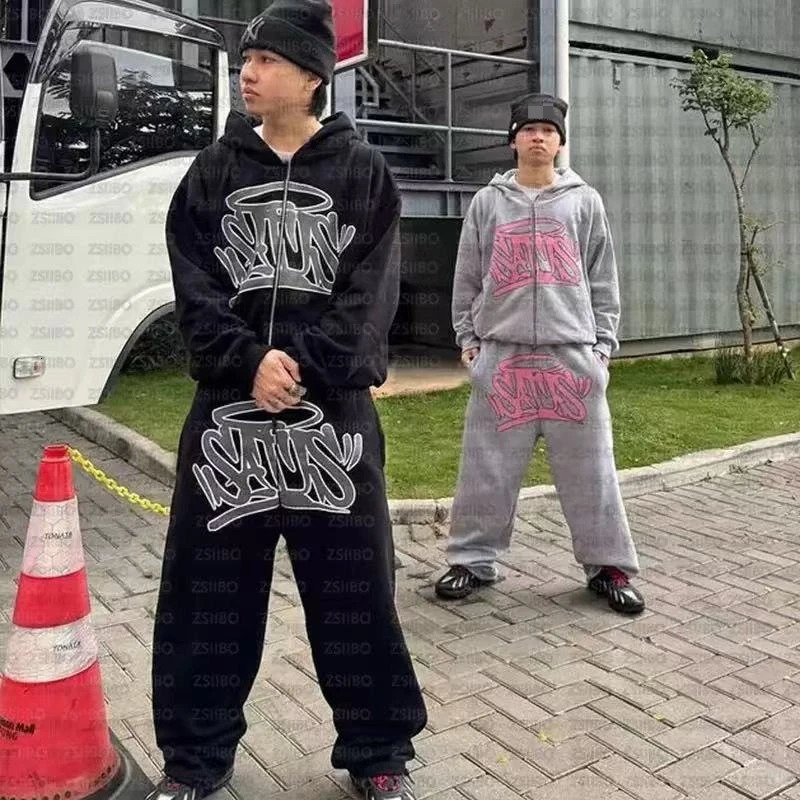 American street fashion personality suit Y2K unisex retro zip hoodie street hip-hop print casual sportswear and trousers 250805