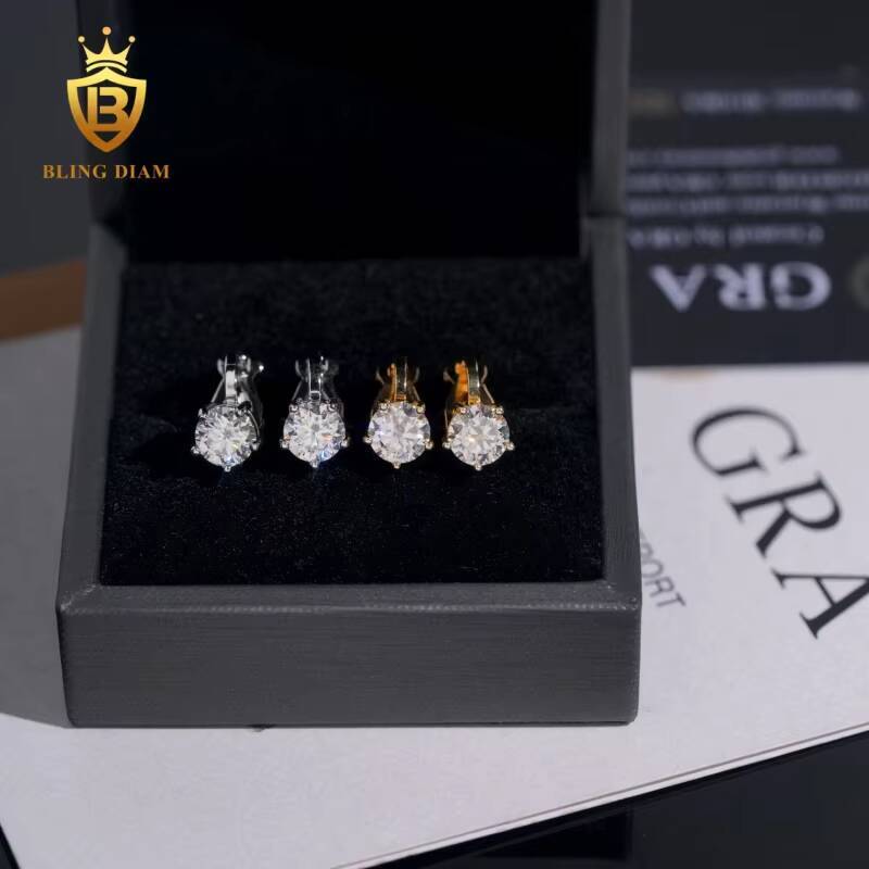 Hot Sale GRA Certificate VVS1 Moissanite Round Brilliant Cut Diamond Ear Clip 925 Sterling Silver Gold Plated Hiphop Style