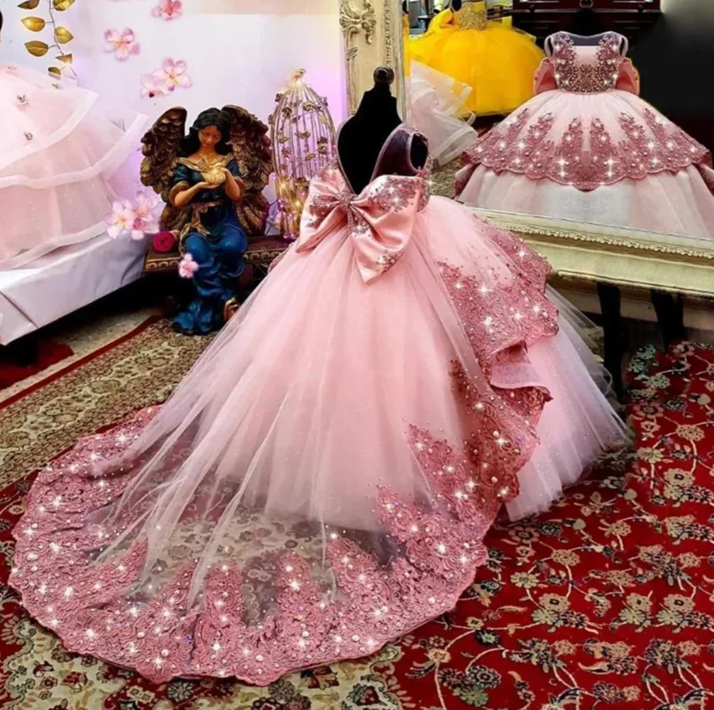 Customized Flower Girl Dress for Wedding Suspenders with Bow Satin Ball Gown Kids Birthday First Communion Party Dress 250811