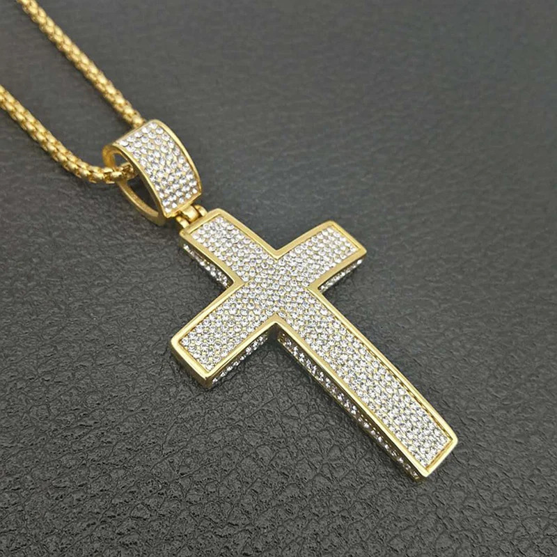Stainless Steel Cross Pendants Necklaces Gold Color CZ Stone Paved Bling Iced Out Hip Hop Rapper Jewelry with 24 Gold Chain 250807