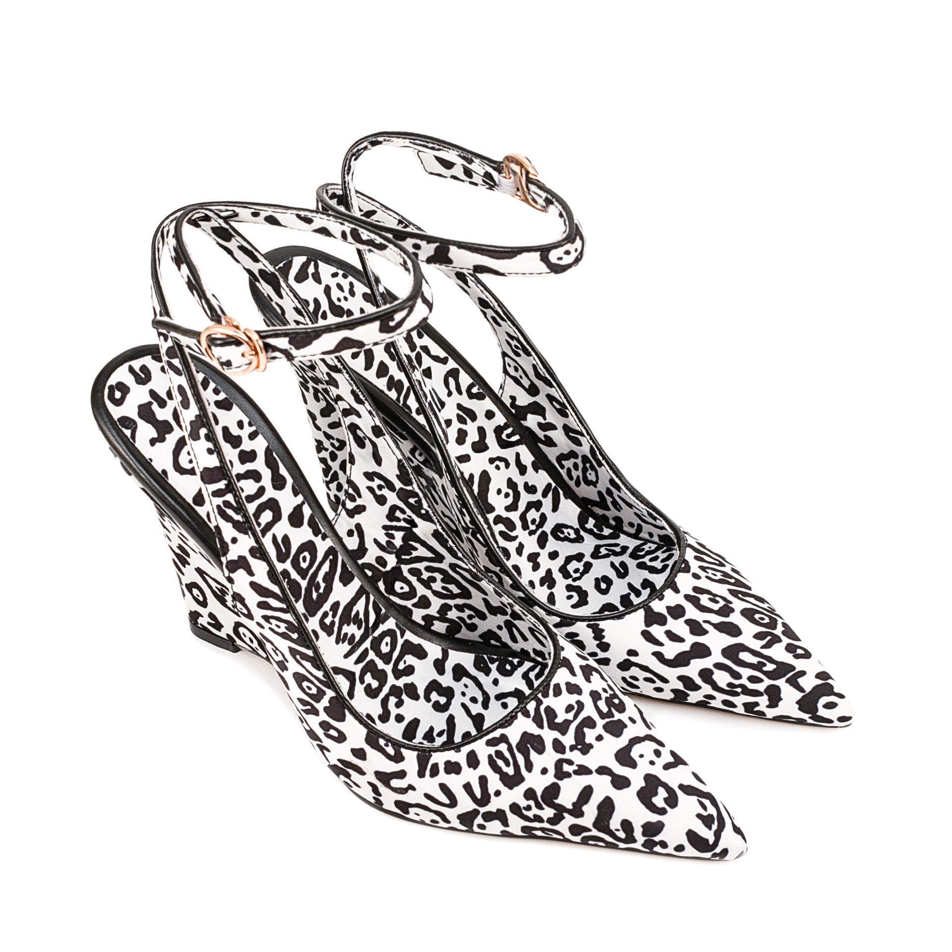 Glitter Sequin Platform Sandals - Animal Print Pointed Toe Ankle Strap Wedges (Multicolor/Black/Pink)