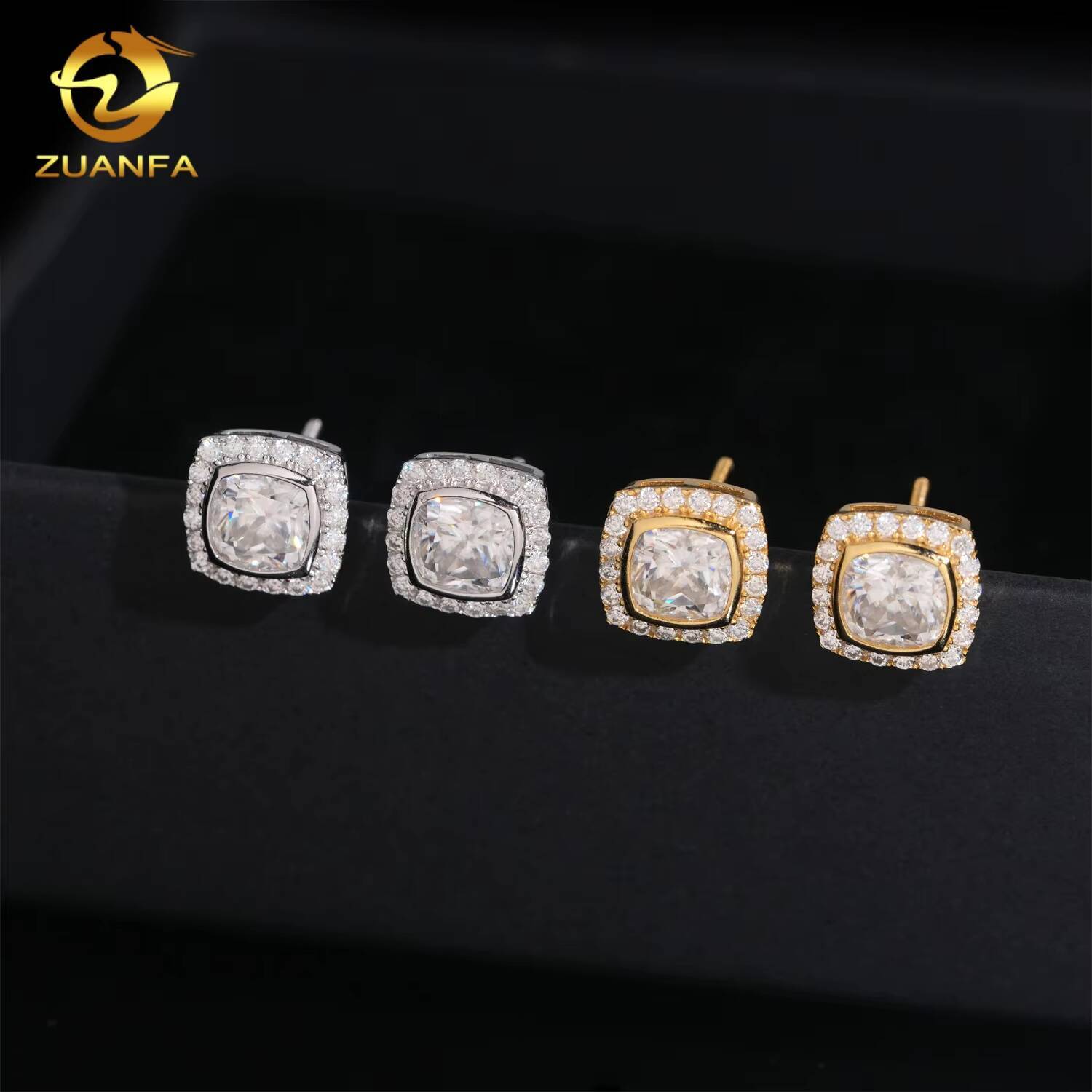 Wholesale D VVS Moissanite Earrings Screw Back Cubshion Cut 6*6mm Halo Stud Earrings 925 Silver Hip Hop Earring