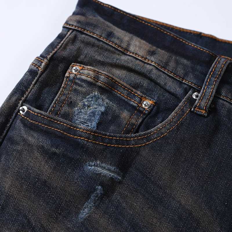 2ke New High-Quality Jeans With Stretch Slim Fit Perforated Patch Washed Deep Blue Jeans Designer High Street Hip-Ho X250812