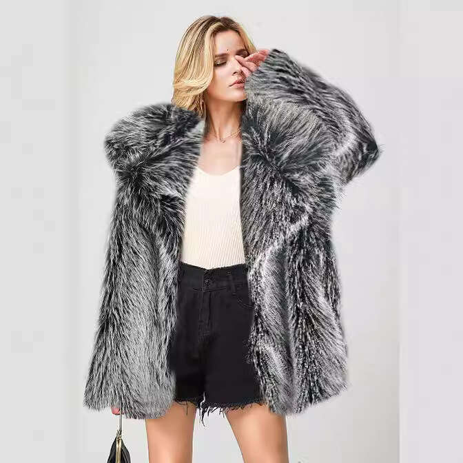 European and American popular collar imitation fur mid length suit coat, warm imitation fur thick coat