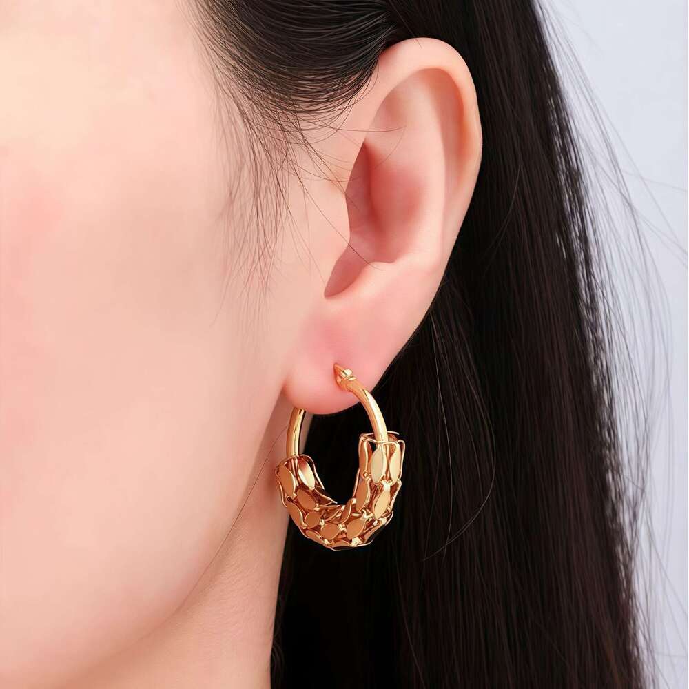 Personalized Mesh Half-Wrapped Titanium Gold-Plated Anti-Fade Craft Stainless Steel Earrings