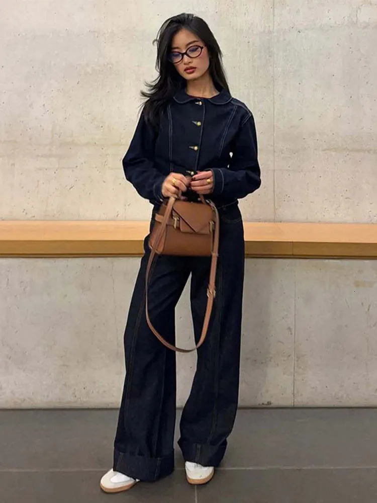 Fashion Denim Coat Pant Women Set Vintage Lapel Button Long Sleeve Jacket Wide Leg Pants Female Suit 2025 Spring Lady Outfit 250808