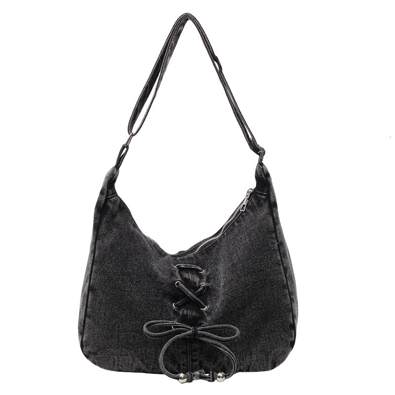 Hot Girl Tie Rope Bowknot Denim Handheld Underarm Single Shoulder Crescent Bag High-end Versatile