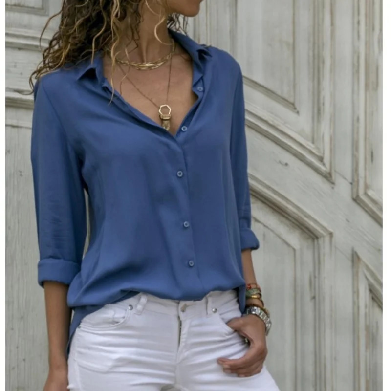 Women Elegant Solid Chiffon Blouse Spring Summer Casual Long Sleeve V Neck Loose Shirt Office Lady Tunics Oversized Tops 250811