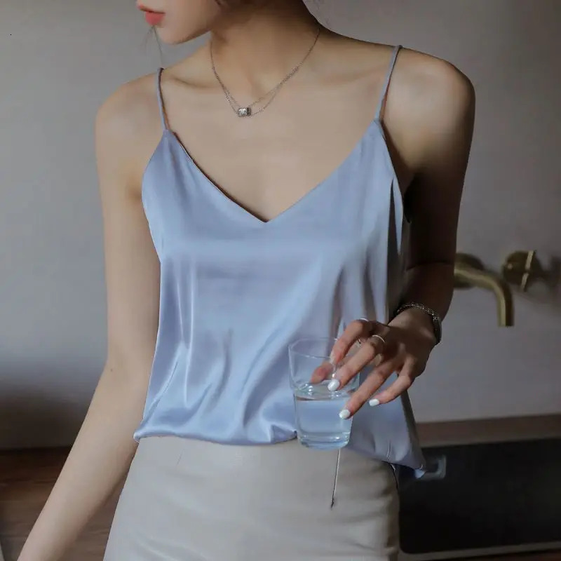 Spaghetti Strap Top Women Halter V Neck Basic White Cami Sleeveless Satin Silk 2025 Tank TopS Summer Camisole 250804