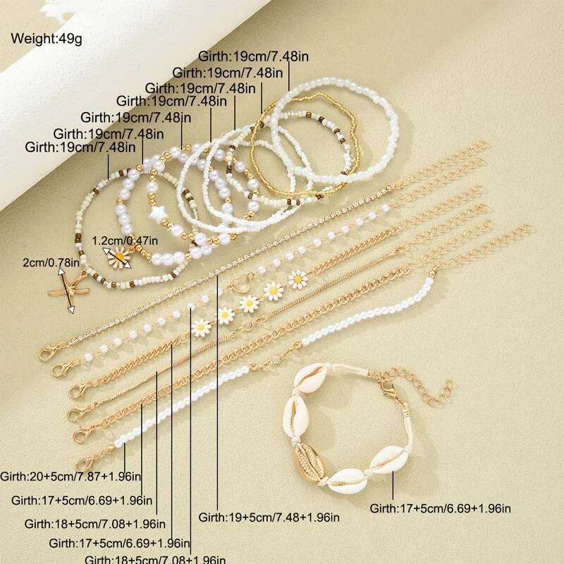 15PCS Bohemian Starfish Shell Rice Beaded For Women Summer Gold White Color Daisy Pearl Bracelets Sets Beach Jewelry