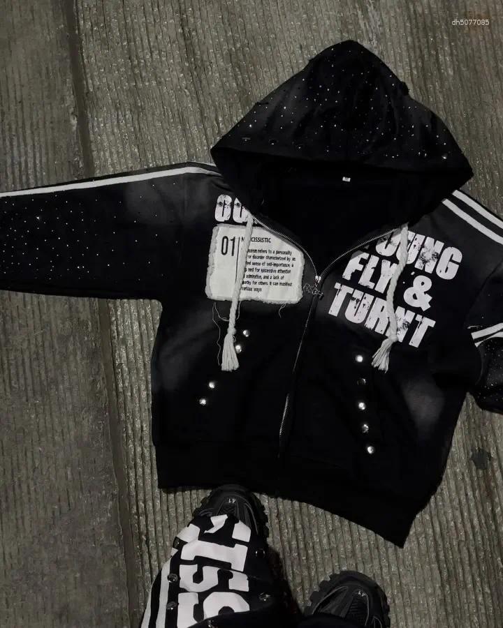 Men's Hoodies America Vintage Sequins Rhinestone Embroidery Zipper Hoodie Men Women Punk Gothic Stripe Patchwork Trendy Sweatshirt