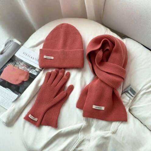 beanie cap Burgundy Scarf Hat Two-Piece Anti-Frost Gloves Christmas Gift Student Warm Three-Piece Set