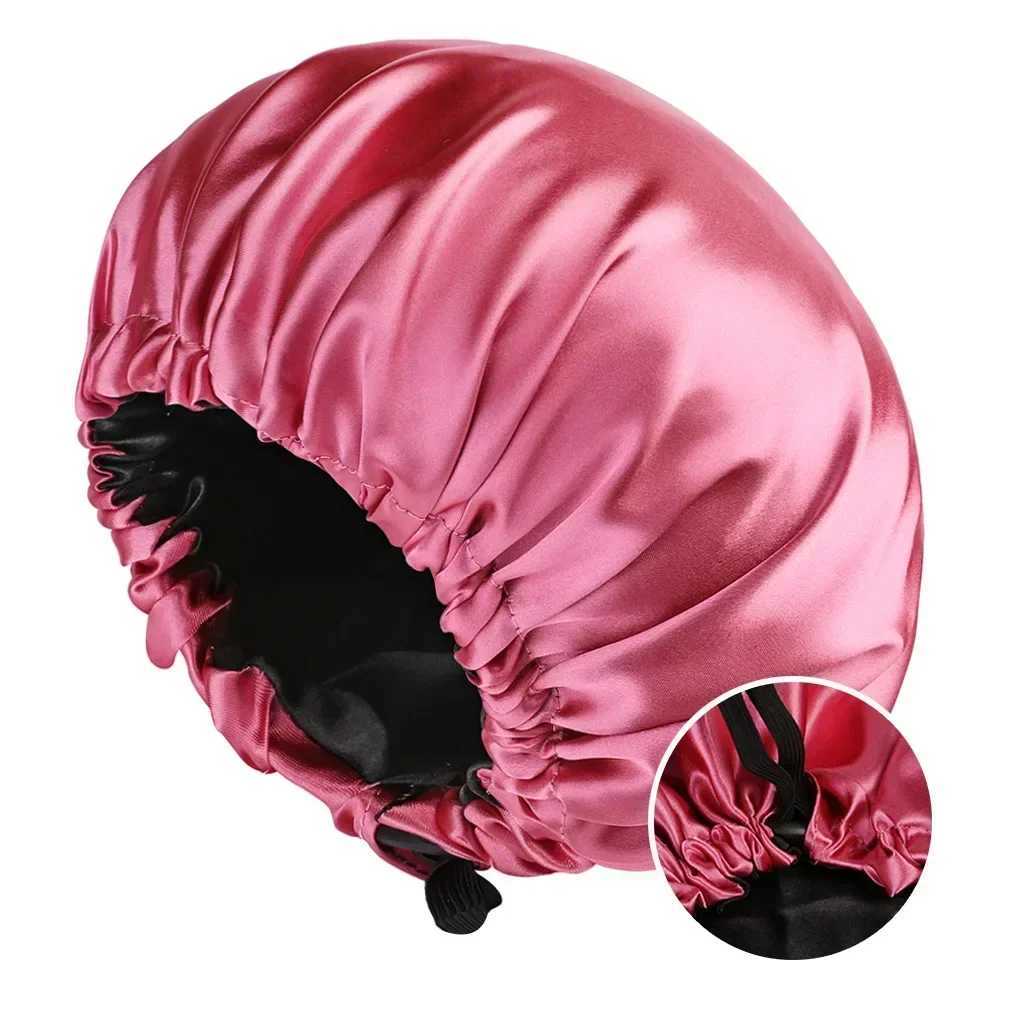 Adjustable Double Layer Satin Bonnet Nightcap Double-Sided Women Round Shower Caps Night Sleep Polyester Hat Solid Black Lining XJ250812