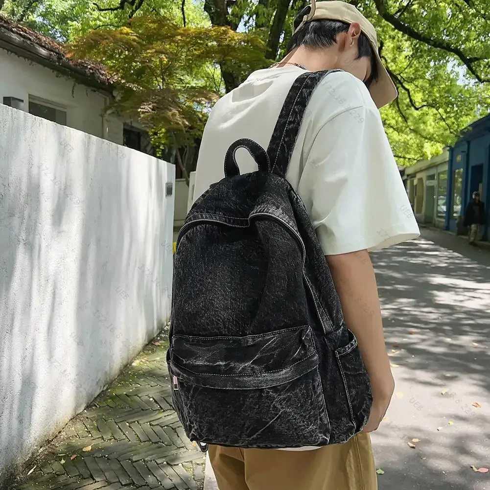 New denim backpack Shoulder Bag for Women Men Multi-pocket School bag canvas Zipper Rucksack Solid Travel Gym bags mochila Y250811