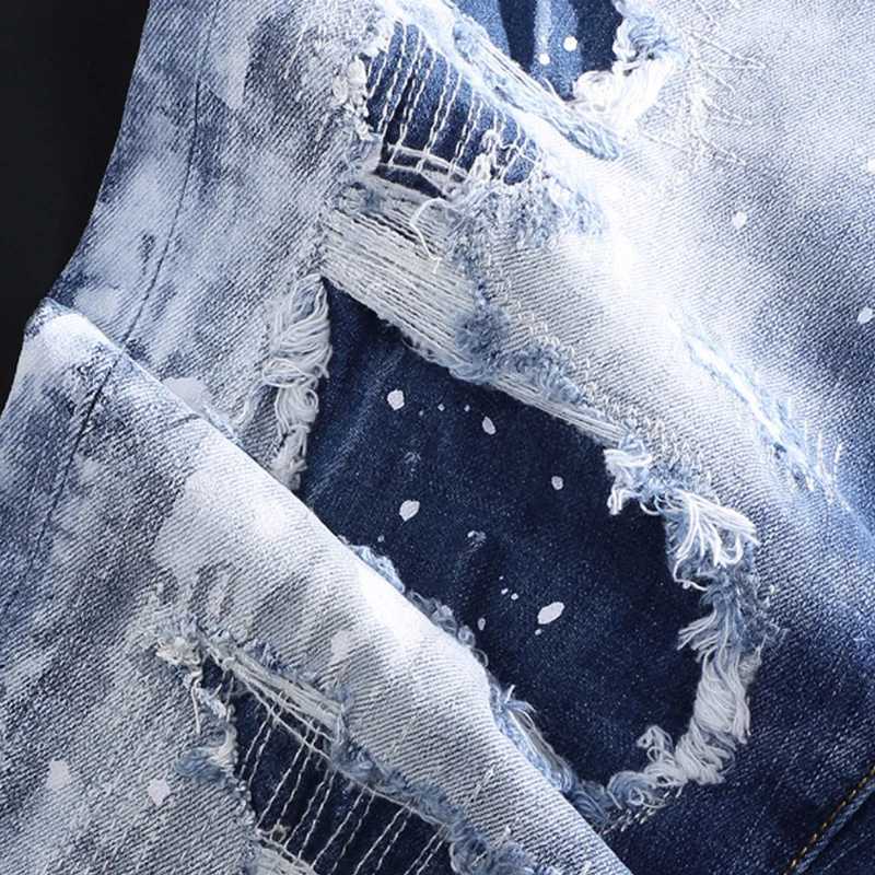 Street fashion mens jeans retro blue elastic slim fit retro elastic slim fit jeans mens patchwork designer hip-hop brand denim X250812