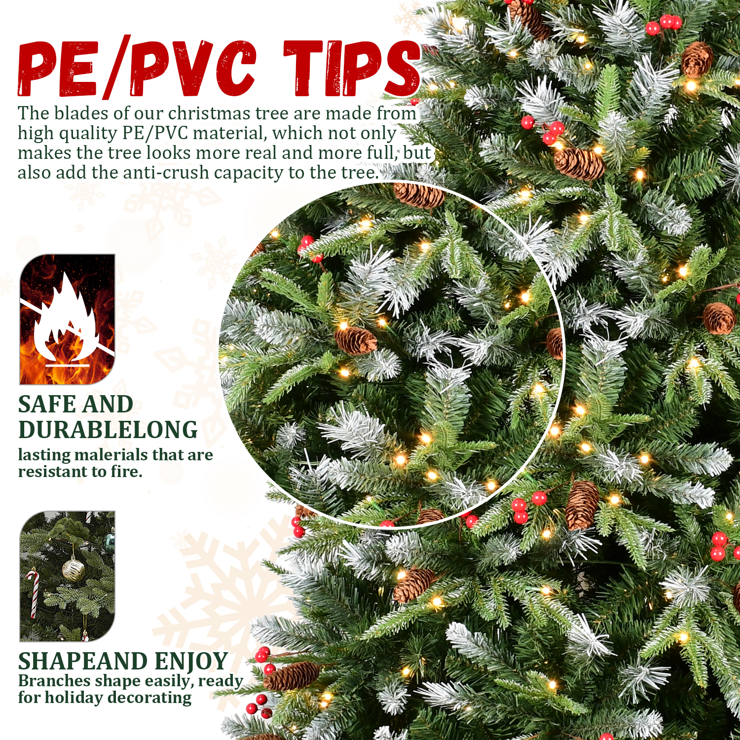 Large encrypted Pre-lit Christmas tree PE/PVC Mixed Branc tips, Red fruit and Pine cone, Foldable stand
