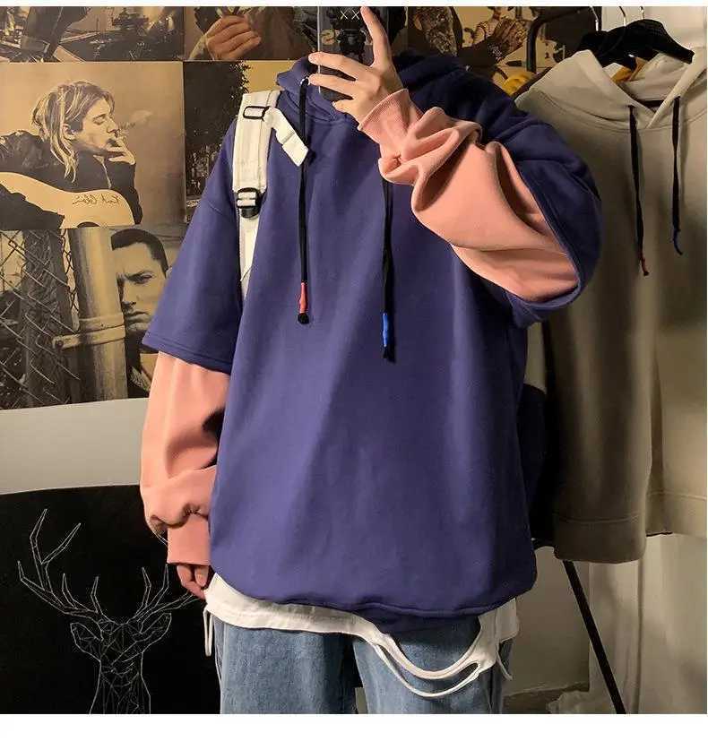 Fake Two-piece Sweatshirt Men Hoodies Autumn Trendy Oversize Ins Hip Hop Top Oversize High Street Jacket Hooded Top Spring Y250811