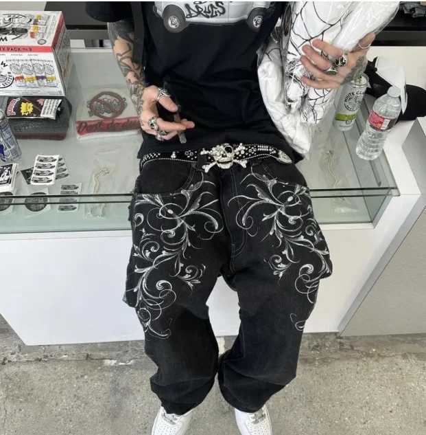 Jeans Embroidered Hip-Hop Wide-Leg Floor-Moving Y2K Mid-Waist Gothic Individual Mens Pants American Retro Fashion Trousers X250812