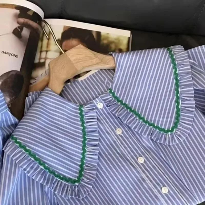 2025 spring casual Korean style peter pan collar striped blouse womens single breasted loose fit chic long sleeve shirts 250811