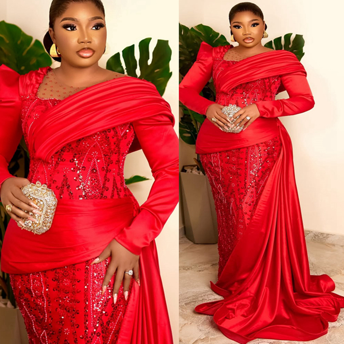 Mermaid Red Plus Size Prom Dress 2025 Evening Dresses For Special Occasions Sheer Neck Beaded Lace Illusion Long Sleeves Birthday Second Reception Gow