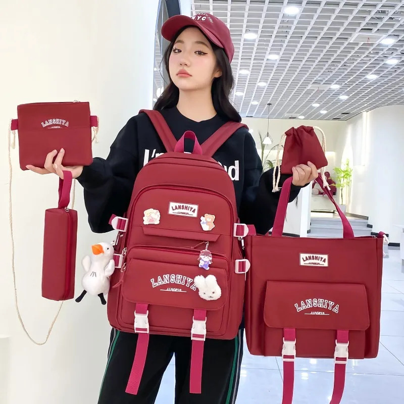 5piece Set of Free Pendants Forest Style Korean Version Casual Harajuku Student Backpack for High School Girls Large Capacity 250811