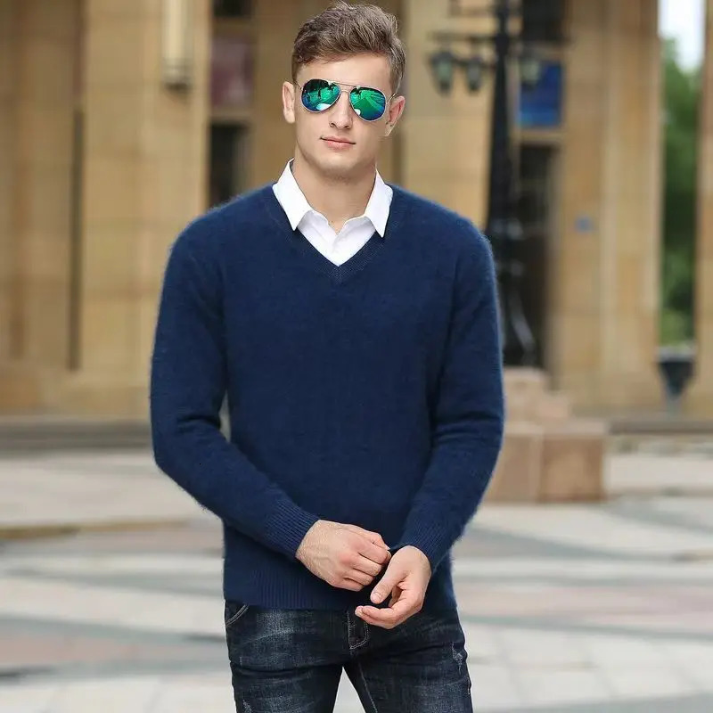 Autumn And Winter Warm Pure Mink Cashmere Sweater Mens V-neck Pullover Thickened Plus Size Knitted Bottoming Shirt 250806