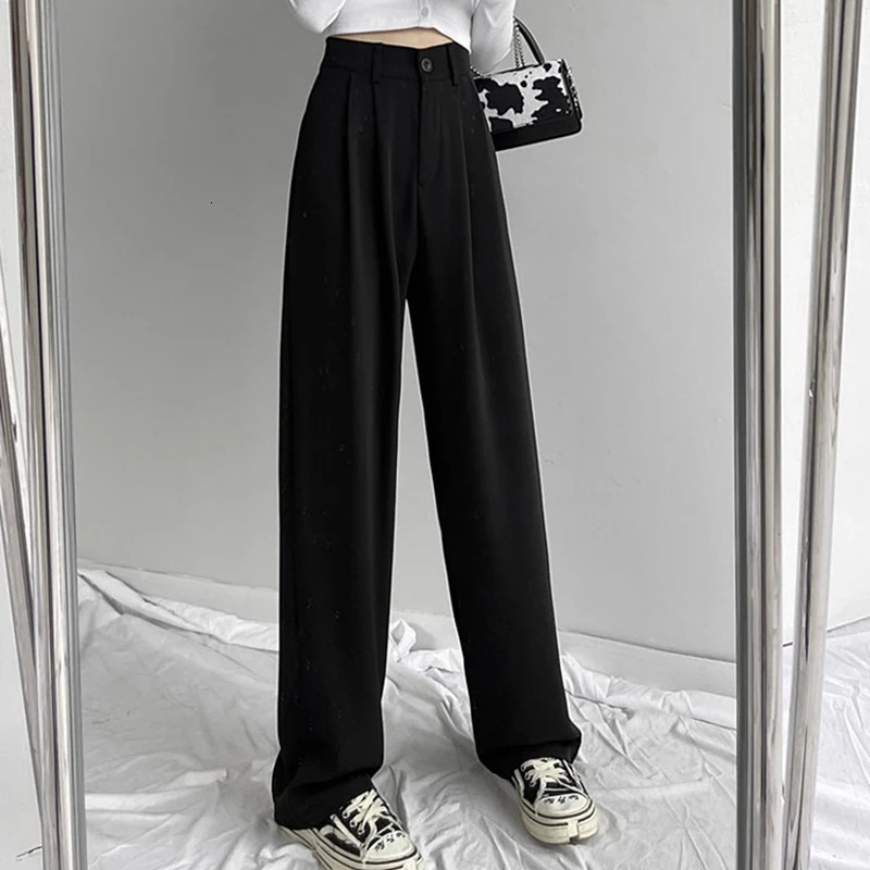 Spring Lady Fashion Concise Baggy Wide Leg Pants Women Straight Casual Suit Trousers Girls Classic Basic Solid Daily Slacks 250811