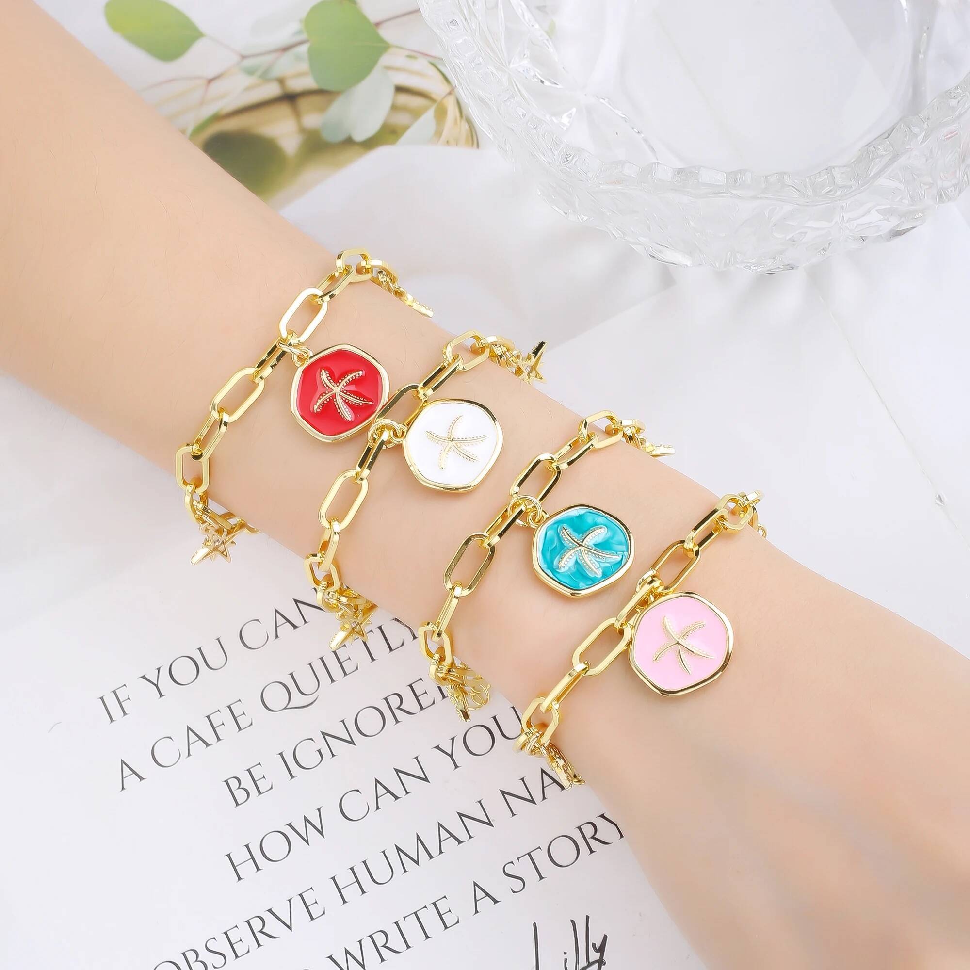 Gold-plated Enamel Art Starfish Bracelet Fashion Holiday Casual Jewelry Accessories for Woman Girl Summer Gift