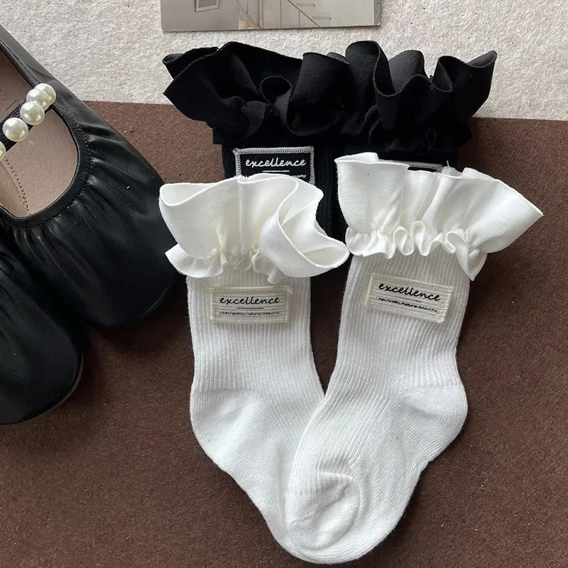 Autumn Kids Girl Sock Chic Korean Simplicity Ruffle Calf for Children Balck White Color Clothes Accessories 250812
