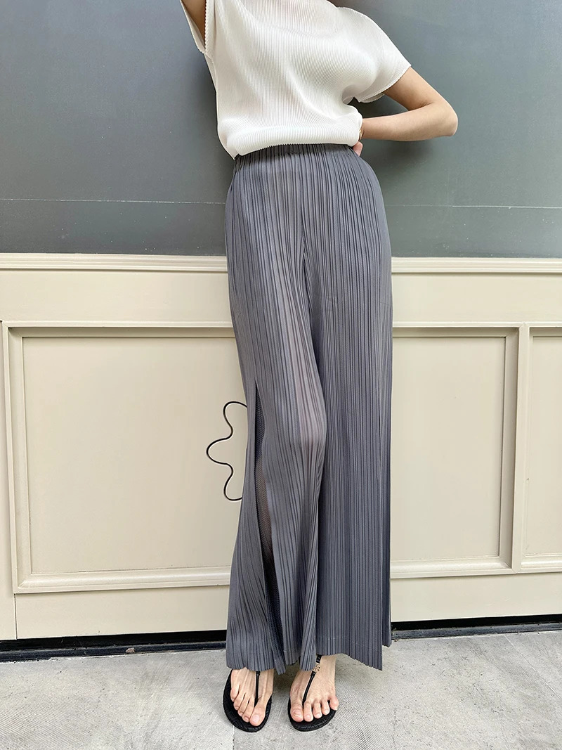 Miyake Pleated Mesh Spliced Casual Pants Women Summer Korean Fashion er Elastic Waist Cropped Straight Wide Leg Pants 250811