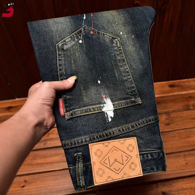 Mens Jeans Autumn and Winter Slim-Fitting Small Straight Elastic Trend American Patchwork Retro Denim Nostalgic Trousers X250812