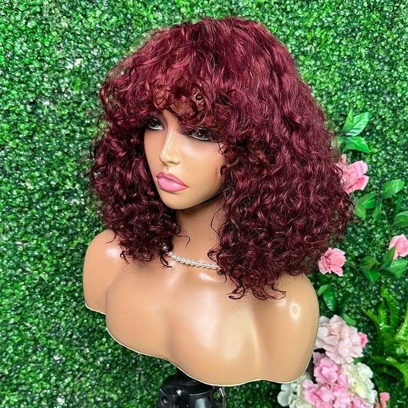 14 Inch Water Ripple Hine-Made With Bangs 180% Density Glue-Free Lace Rose Mesh Human Hair Curly Wig Head Cover For Women