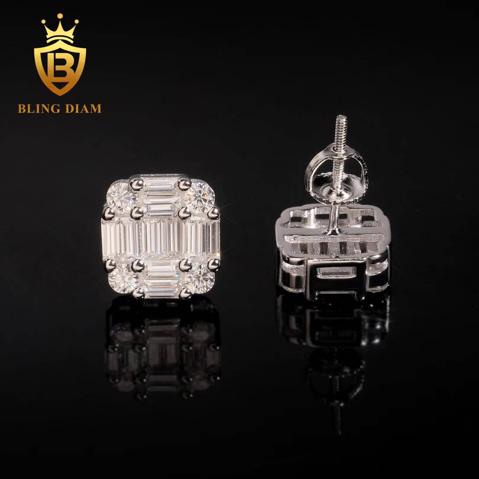 Factory Direct Hip Hop Style Iced Out Jewelry 925 Sterling Silver Baguette Moissanite Earrings for Men