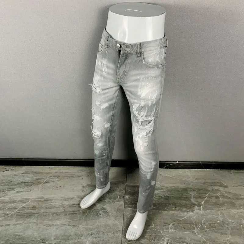 High Street Fashion Men Jeans Retro Gray Stretch Slim Fit Ripped Jeans Men Painted Designer Hip Hop Brand Denim Pants Hombre X250812