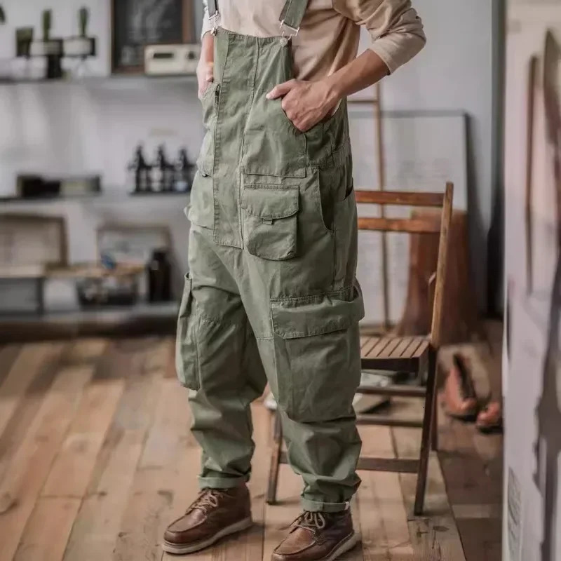 Trendy Straight Tube Multi Pocket Work Overalls Mens Light Green Hiphop Jumpsuit Couple Suspender Pants 250729