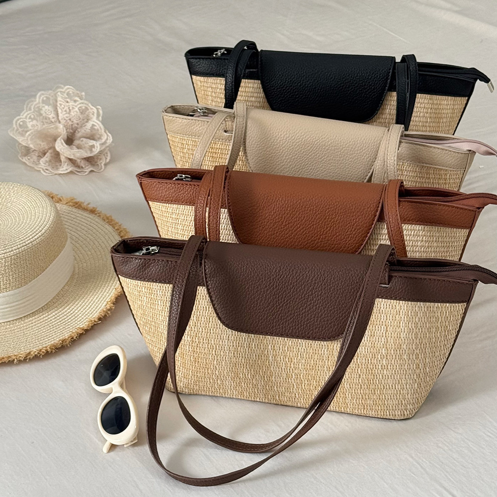 French Niche Casual Color Block Straw Basket for Women Handheld and Shoulder Tote Bag Bucket Woven ddmymarket