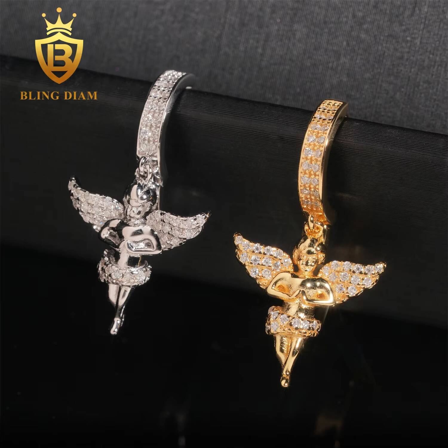 Luxury Style Popular Gold Plated 925 Sterling Silver Drop Angle Charm Moissanite Hoop Earrings