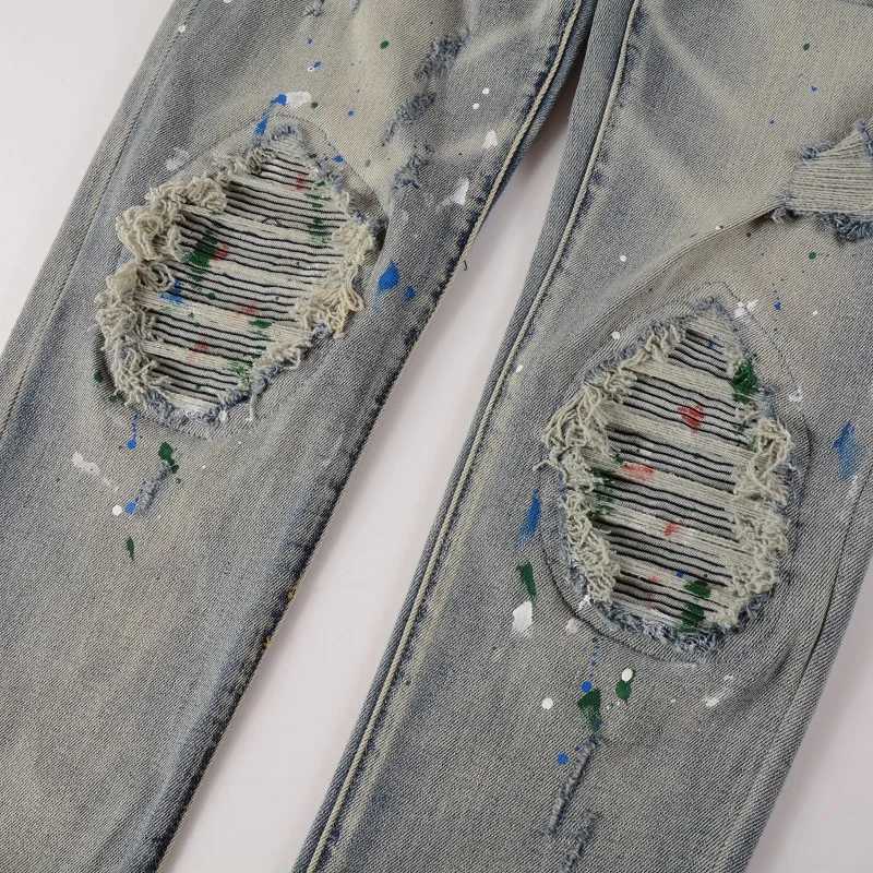 Men Painted Stretch Denim Biker Jeans Streetwear Cracked Patch Patchwork Holes Ripped Distressed Pants Skinny Tapered Trousers X250812