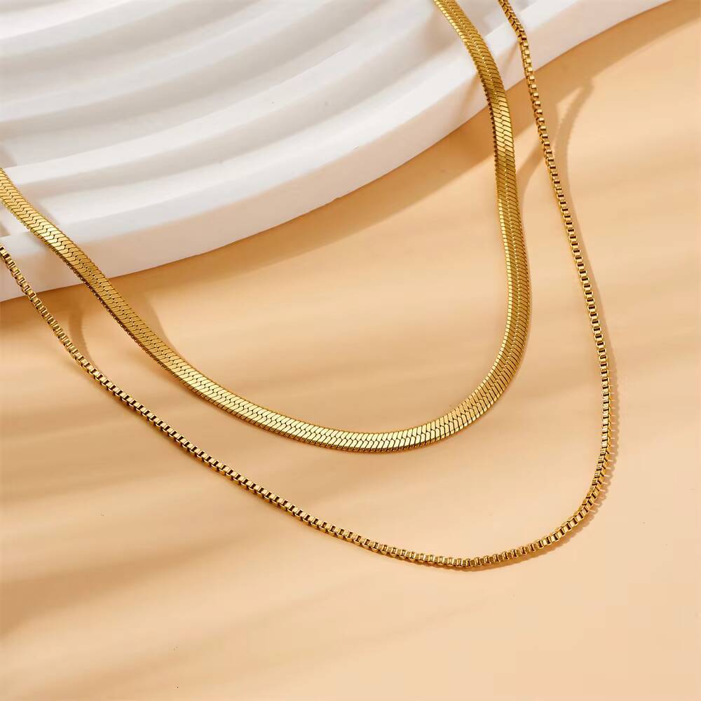 18K Gold Plated Herringbone Rope Chain Layered Necklace Stainless Steel Necklace Tarnish Free Waterproof Jewelry