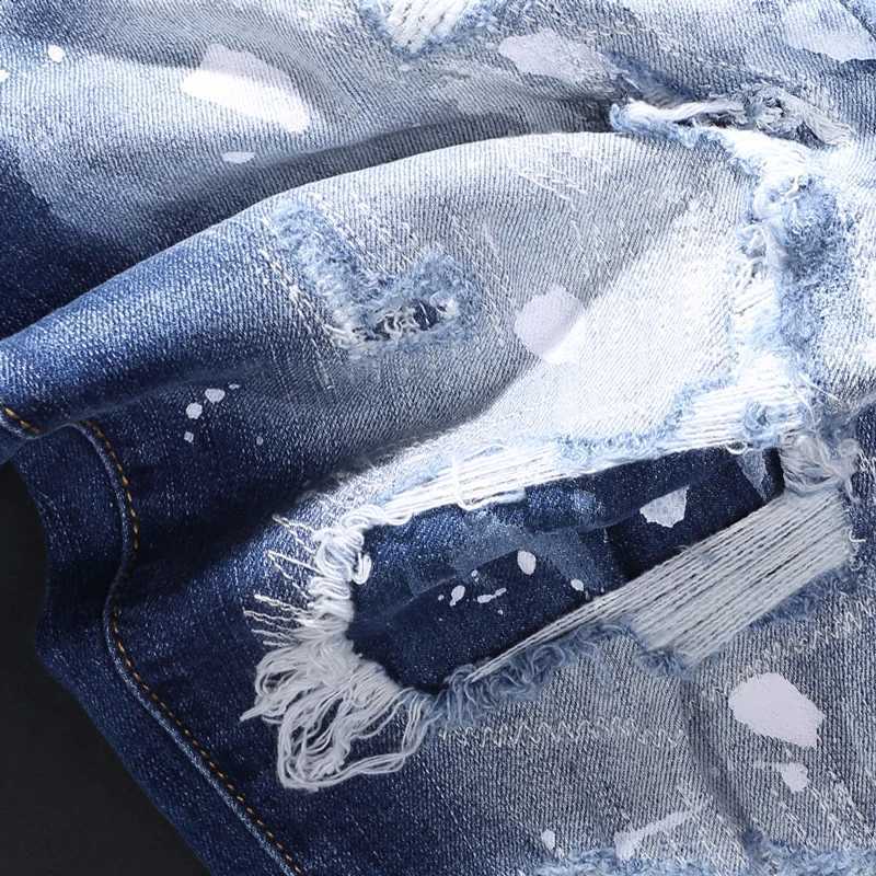 Street fashion mens jeans retro blue elastic slim fit retro elastic slim fit jeans mens patchwork designer hip-hop brand denim X250812