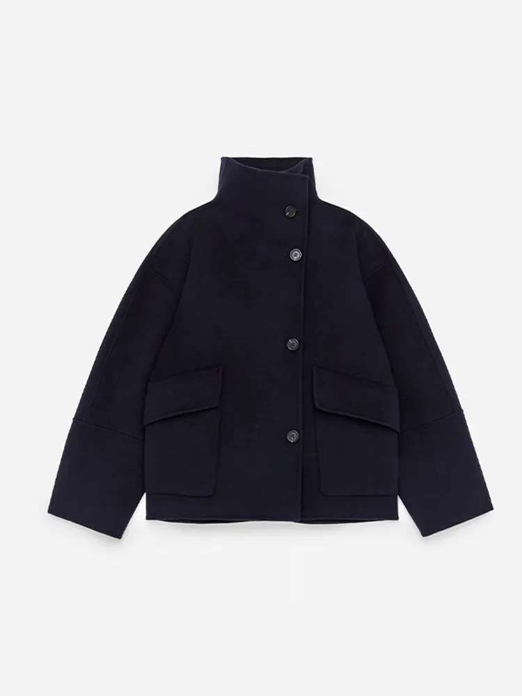 Casual Solid Women Woolen Coats Chic Short Long Sleeve Stand Collar Female Coat Autumn Winter Urban Lady Street Jacket 250809