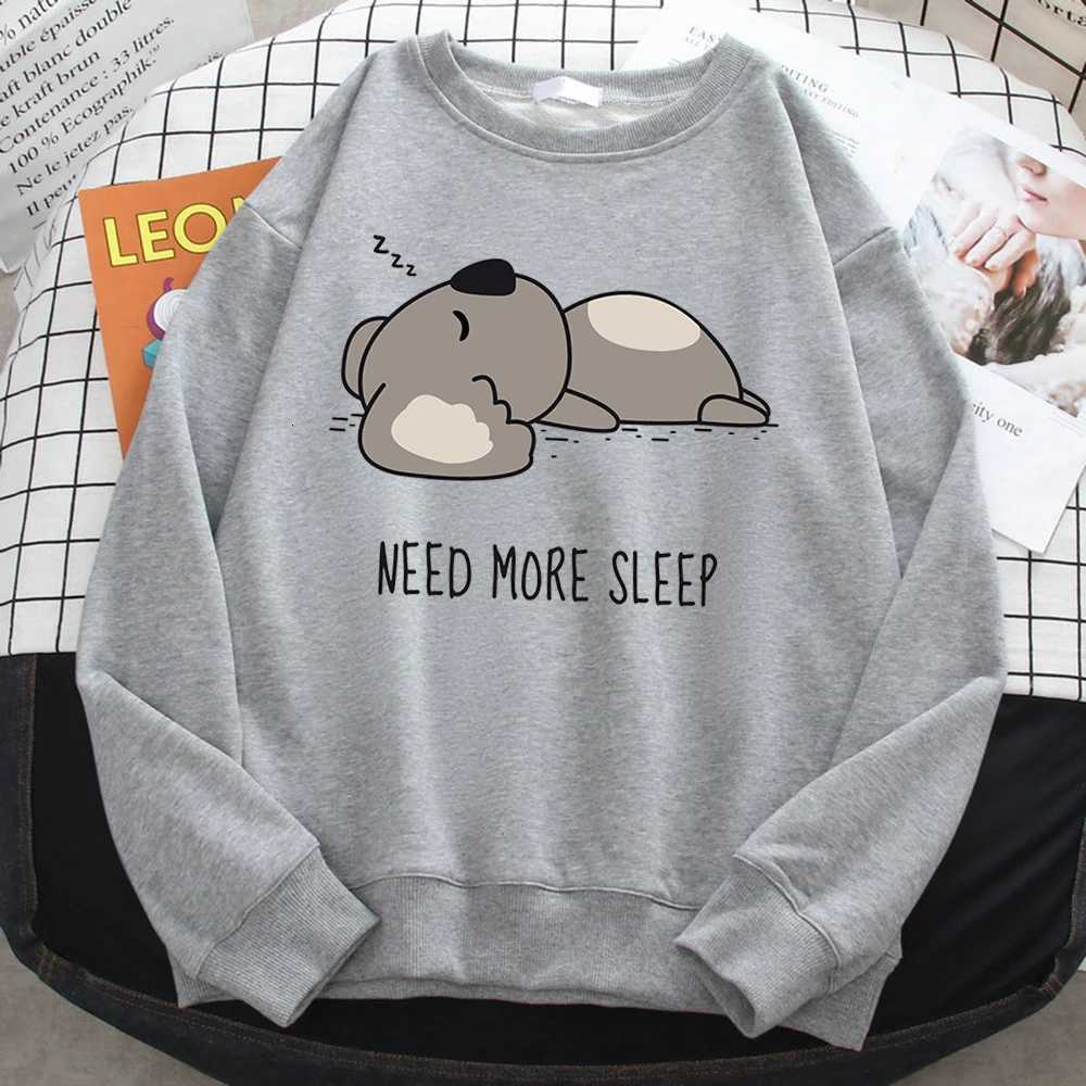 Casual Simple WomenS Sweatshirt Need More Sleep Cartoons Bear Print Hooded Loose Fleece Pullovers Warm Soft Female Streetwear Y250811