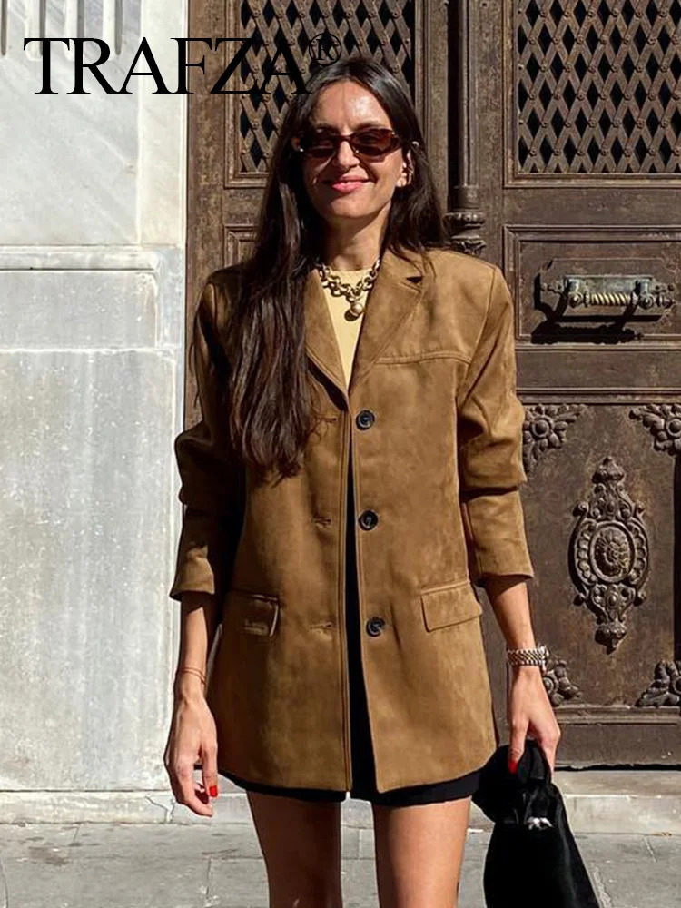 TRAFZA Autumn Women Vintage Faux Suede Blazer Coat Fashion Lapel Single Breasted Long Sleeve Jacket Casual Office Lady Outerwear 250811