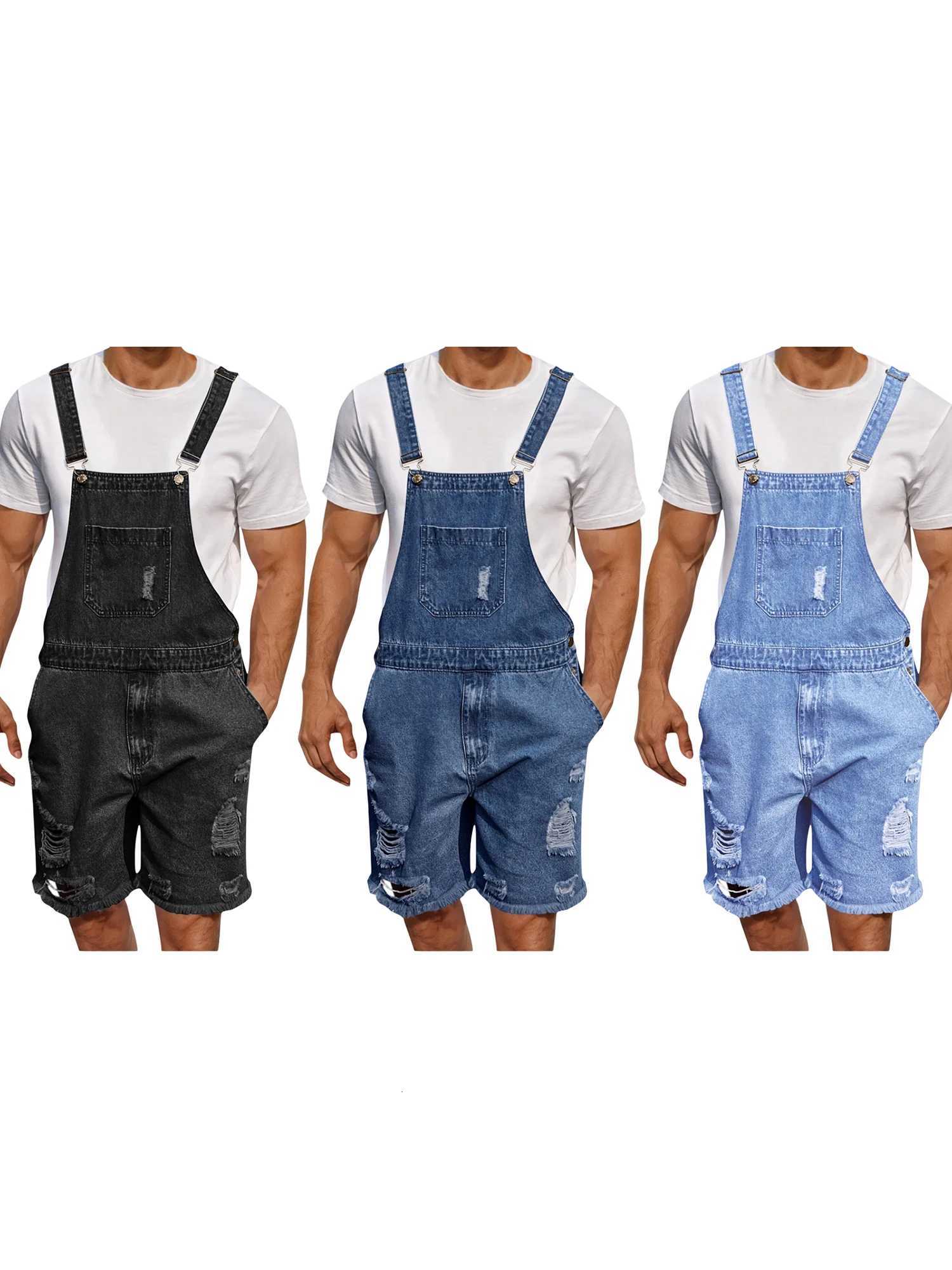 Men s Distressed Denim Overall Shorts Sleeveless Solid Color Loose Fit Jumpsuit for Casual Summer Wear X250812