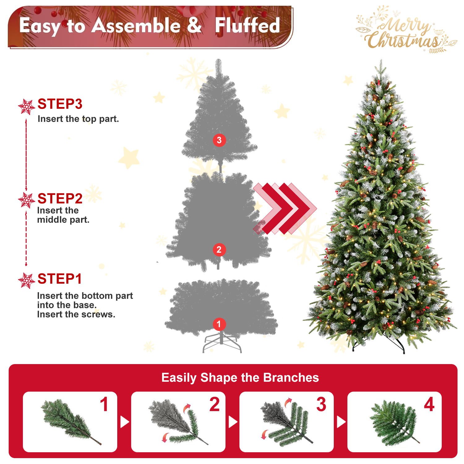 Large encrypted Pre-lit Christmas tree PE/PVC Mixed Branc tips, Red fruit and Pine cone, Foldable stand