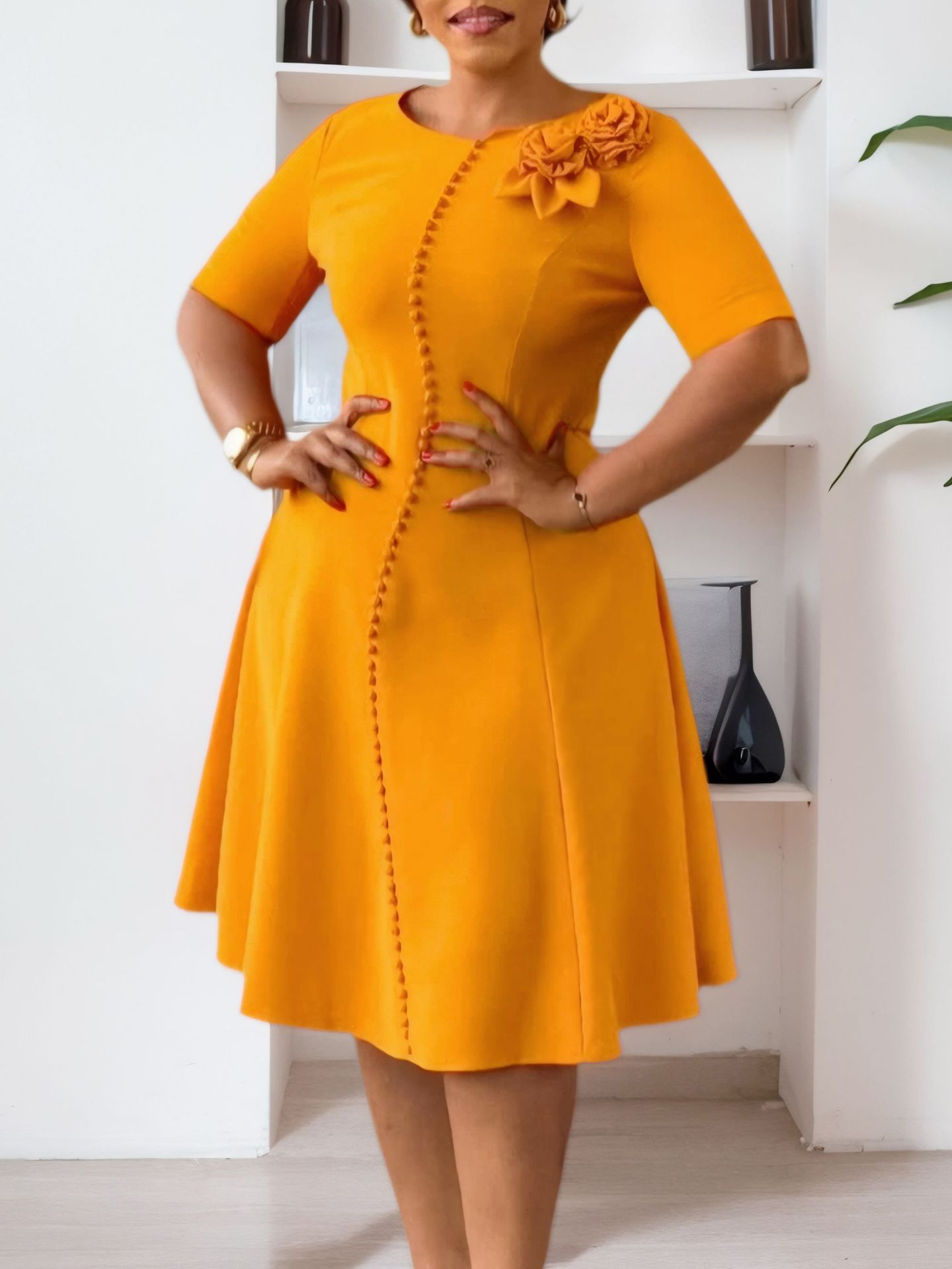 X841New short-sleeved solid color round neck elegant African foreign trade dress