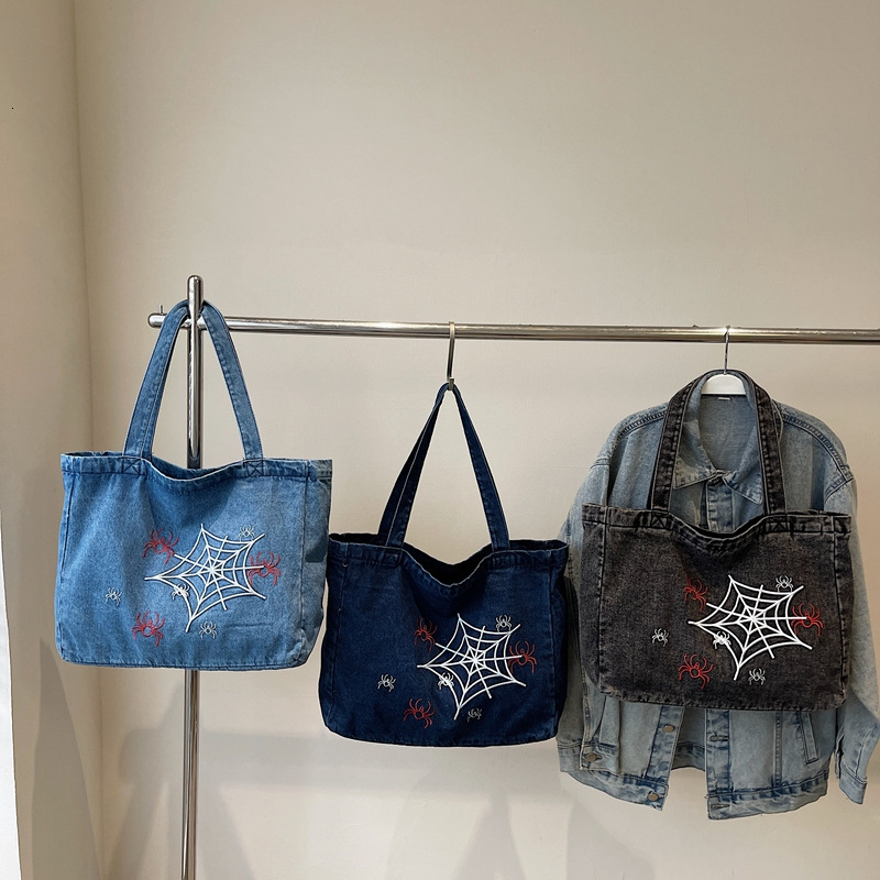 Denim Women New Cartoon Graffiti Embroidery Shoulder Large Capacity Handheld Tote Bag