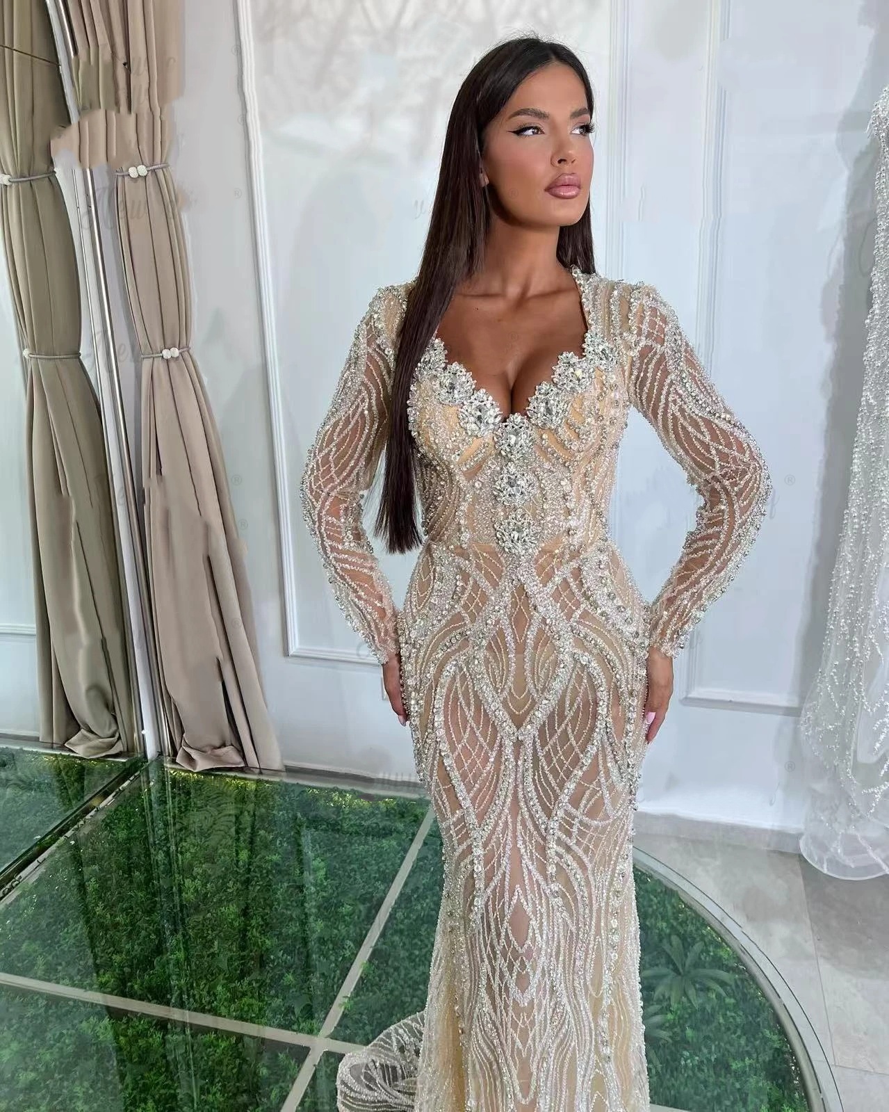 Graceful Mermaid Wedding Dress Sweetheart Neck Long Sleeves Bridal Gowns Crystal Sequins Sweep Train Dresses Custom Made vestidos de novia