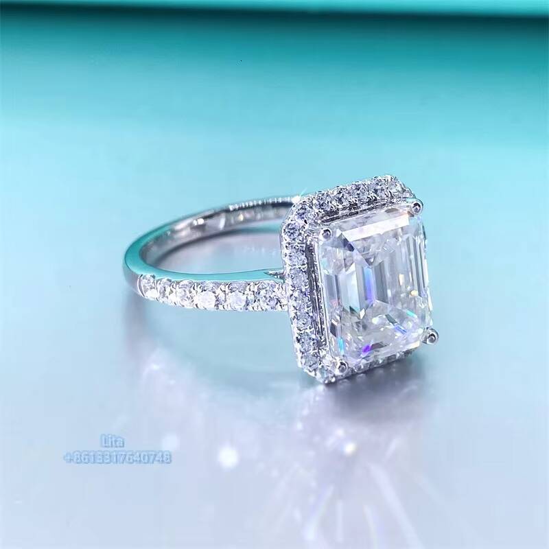 14k Yellow Gold Fashion halo Emerald Cut 3 ct Moissanite Women Engagement Ring