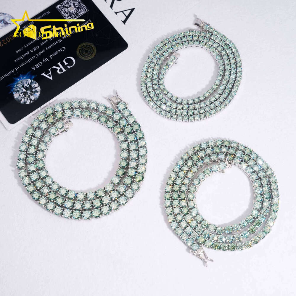 Hip Hop Iced Out Blue Green Color VVS Lab Moissanite Dia Sterling Sier 2MM 3MM 4MM Tennis Bracelet Chain Necklace